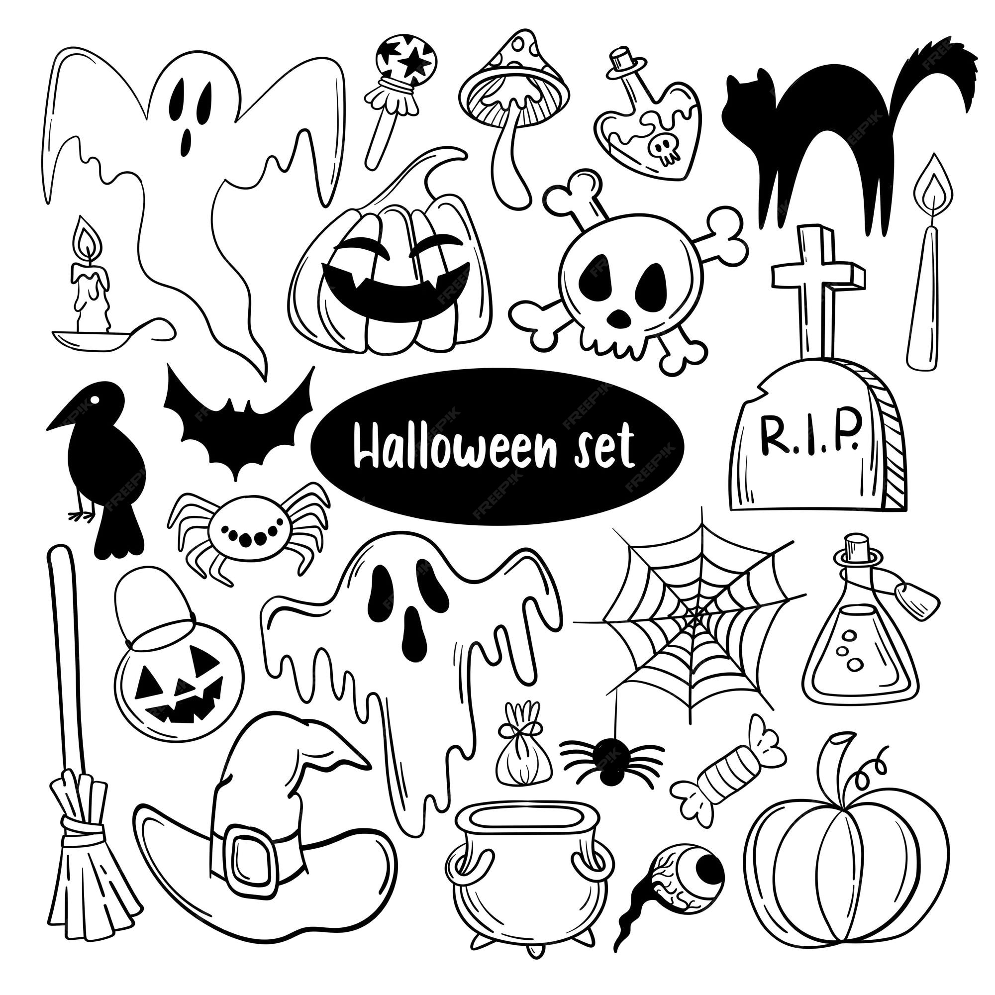 conjunto de rabiscos para desenhos pretos fofos de halloween 13322818 Vetor  no Vecteezy