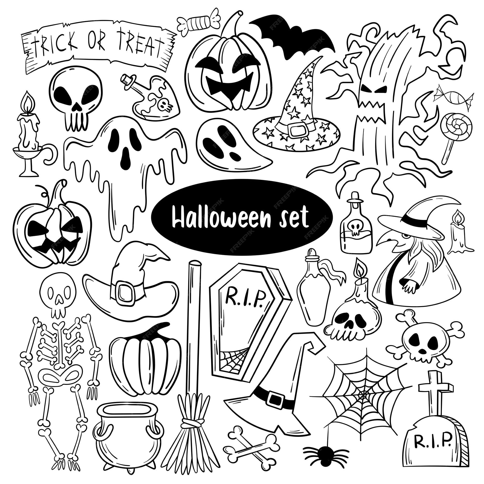 conjunto de rabiscos para desenhos pretos fofos de halloween 13322818 Vetor  no Vecteezy