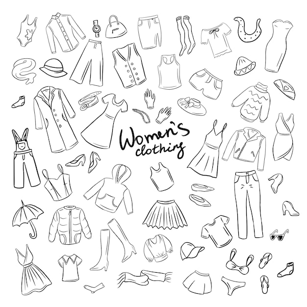 Grande conjunto de roupas femininas em vetorFotos de diferentes roupas femininas para rótulos de cartazes