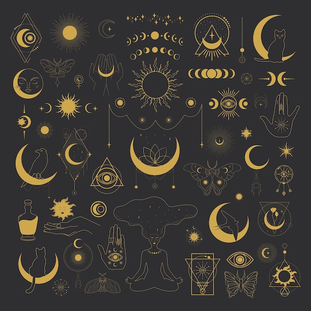 Grande conjunto de símbolos celestes mágicos e astrológicos emblemas místicos