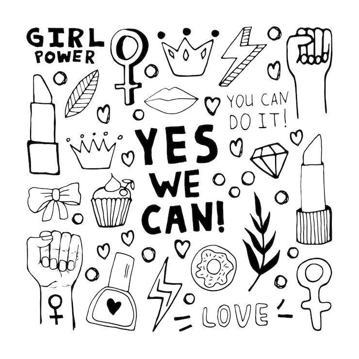 Vetor grande conjunto de símbolos do movimento feminismo e positividade corporal. elementos de doodle desenhado à mão, adesivos, frase e letras. projeto de conceito de mulheres.