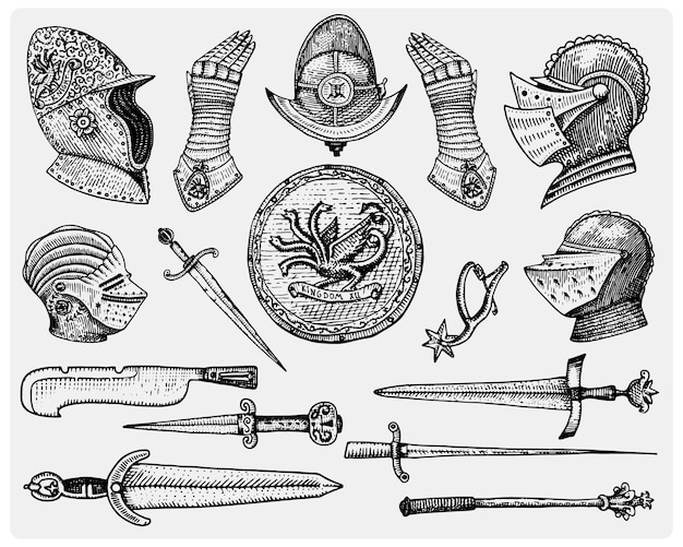 Vetor grande conjunto de símbolos medievais capacete e luvas escudo com dragão e faca de espada e esporão de maça vintage gravado à mão desenhado em esboço ou estilo de corte de madeira com aparência retrô