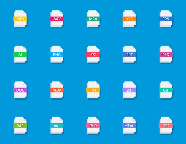 Vetor grande conjunto de tipos de arquivos coloridos ícones de documentos com diferentes extensões de tipos de arquivos