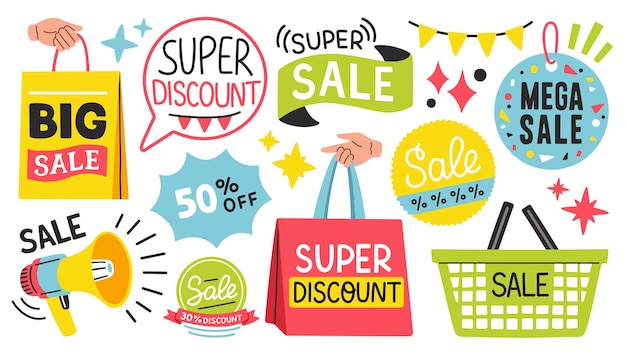 Grande conjunto de venda, elementos de design anunciando a venda. Anúncio de oferta especial. vetor de cartaz de promoção