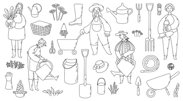 Vetor grande conjunto de vetores de jardim com ferramentas de jardineiros, plantas e outras ilustrações de esboço