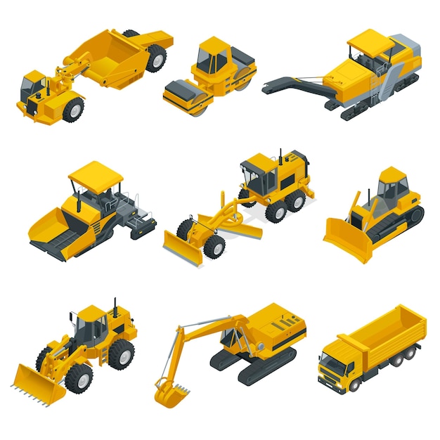 Grande conjunto isométrico de equipamentos de construção. empilhadeiras, guindastes, escavadeiras, tratores, tratores, caminhões. transporte para colocação e reparação de asfalto. ilustração vetorial de carreira e construção