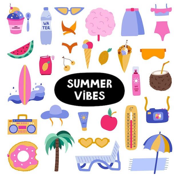 Grande conjunto moderno sobre férias de verão praia tropical clima quente descanso de verão férias de vetor desenhadas à mão em estilo simples doodle isolado e clipart bebidas sazonais roupas de entretenimento