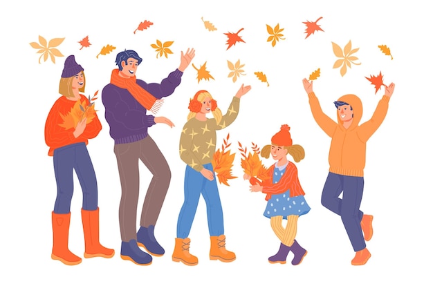 Grande família com crianças no outono anda ilustração vetorial plana isolada