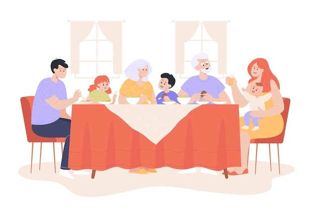 Grande família sentada à mesa e comendo ilustração vetorial plana