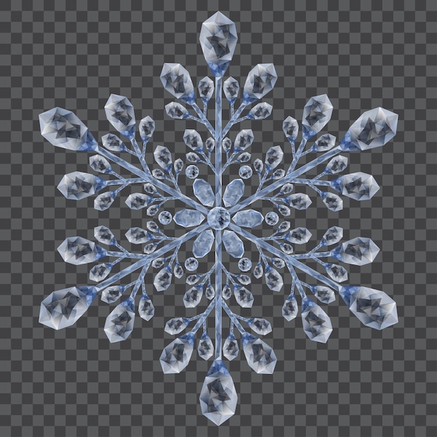 Grande floco de neve de cristal translúcido nas cores azul claro sobre fundo transparente