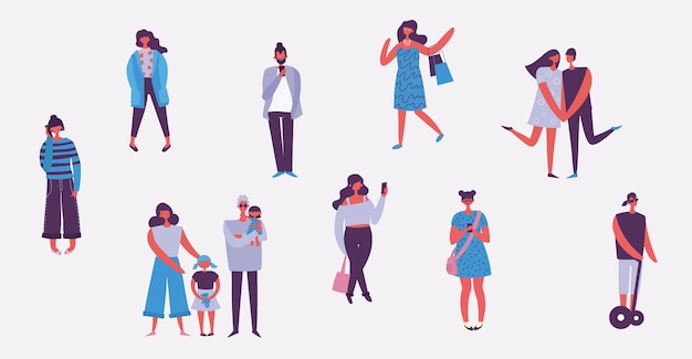 Grande grupo de diversos personagens de desenhos animados planos estilo casais jovens em diferentes poses juntos isolados no fundo branco