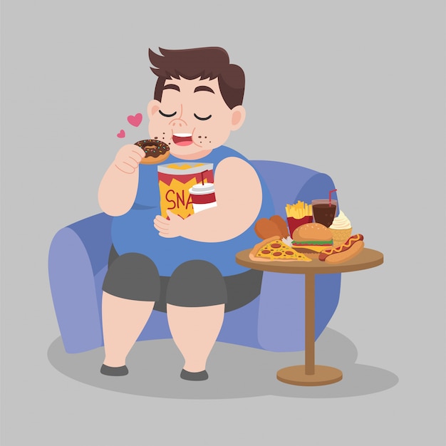 Grande homem feliz gordo desfrutar comer lanche rosquinha sentado no sofá