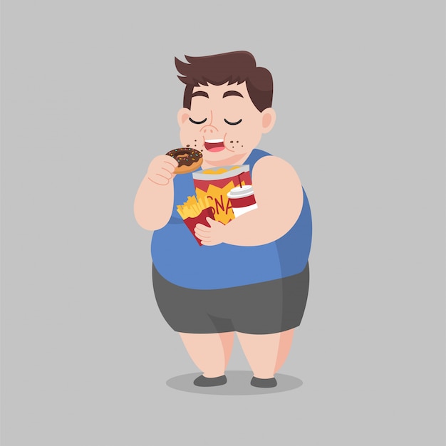 Grande homem feliz gordo desfrutar comer lanche rosquinha