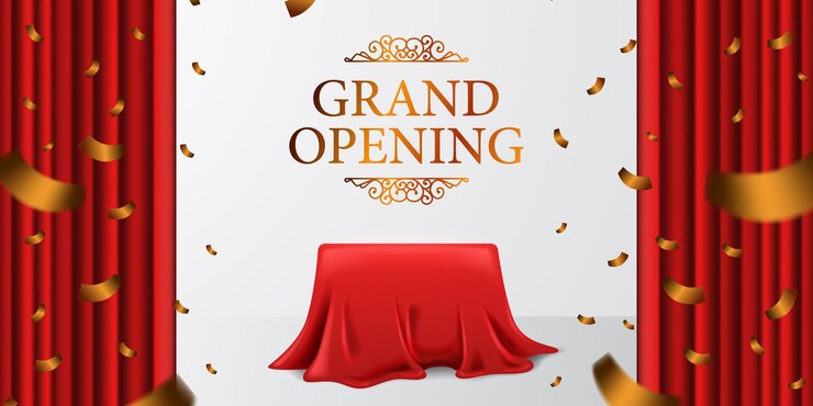 Vetor grande inauguração real elegante surpresa com cortina de tecido de cetim e caixa de cobertura e confete dourado com fundo branco
