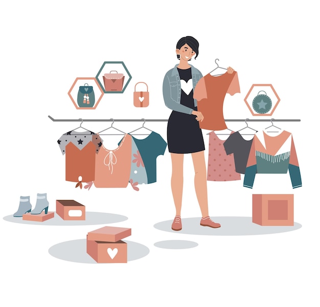 Grande liquidação boutique que vende roupa de moda feminina segurando camisa isolada em desenho branco