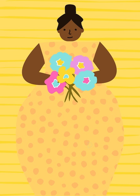 Grande mulher negra em um vestido amarelo com flores em um fundo amarelo