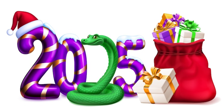 Vetor grande número estilizado roxo 2025 salpicado de neve no topo com um desenho festivo de cana de doces de natal com uma cobra verde um chapéu de papai noel e saco de presentes com sombras suaves em um fundo branco