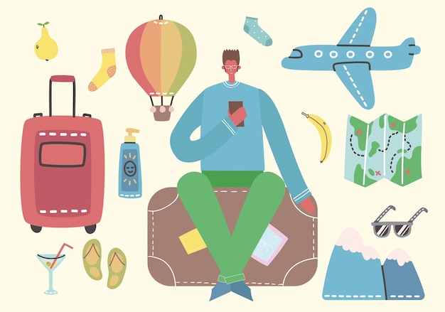 Grande pacote de viagens e férias de verão relacionados a objetos e ícones. Um homem pronto para a viagem. Para uso em colagens de pôster, banner, cartão e padrão.