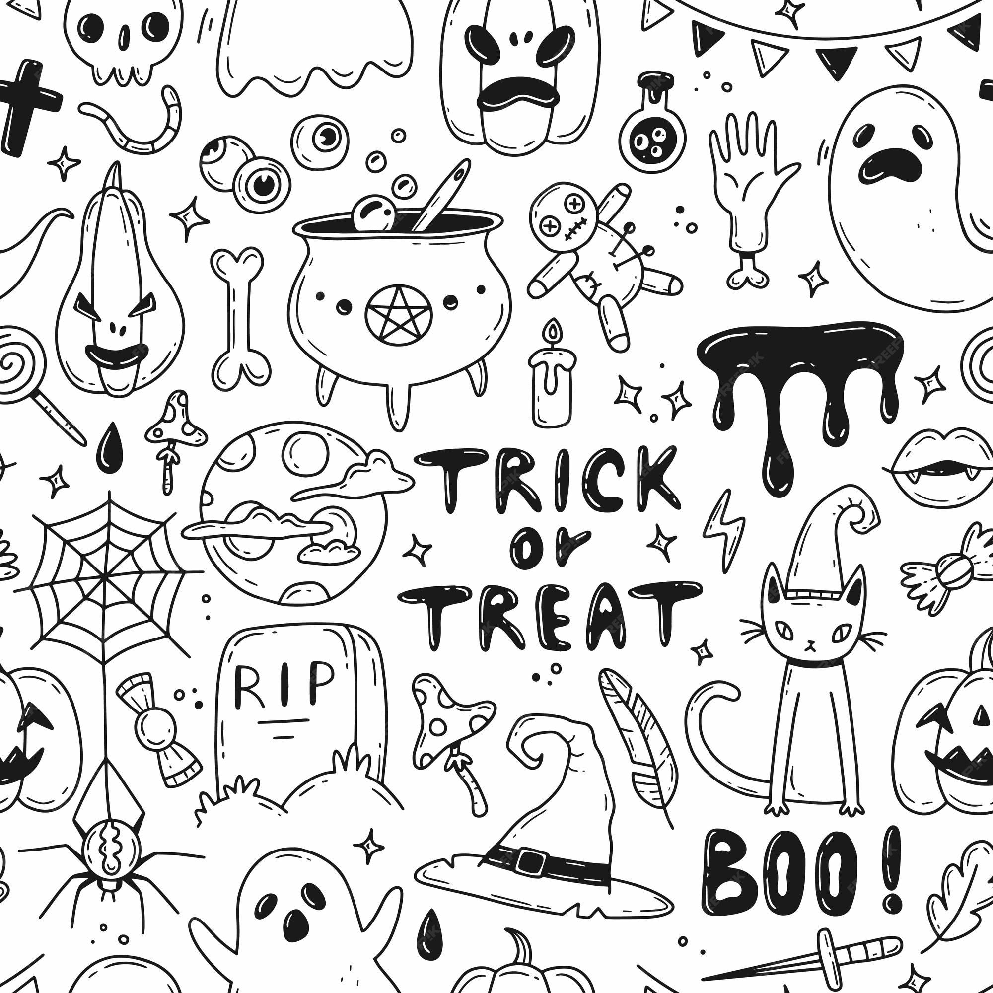 Grande padrão sem emenda de halloween com elementos de estilo doodle  simples de desenho animado