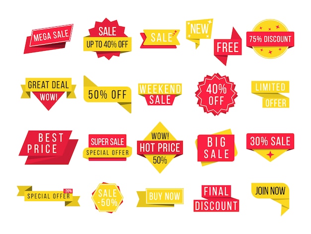 Grande promoção, nova oferta e melhor preço, desconto em banners promocionais de eventos. Conjunto de crachás promocionais e tags de venda, modernos para site e publicidade. ilustração, .