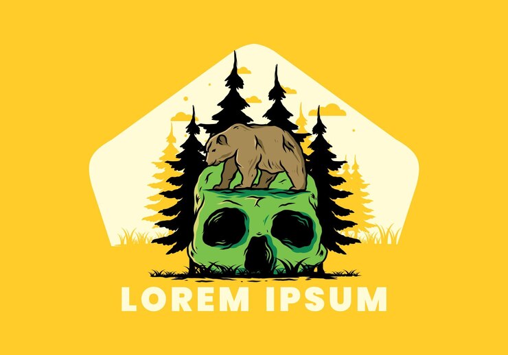 Vetor grande urso andando na ilustração de cabeça de caveira