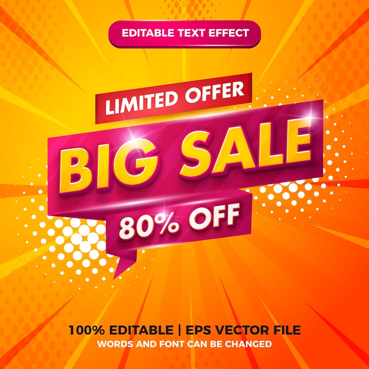 Vetor grande venda com oferta limitada de texto editável e estilo de modelo 3d