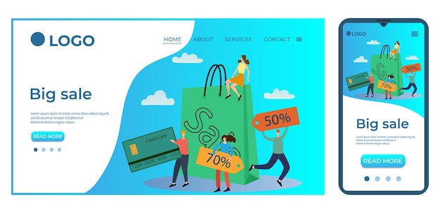 Grande vendaModelo para a interface do usuário da página inicial do siteModelo de página de destino