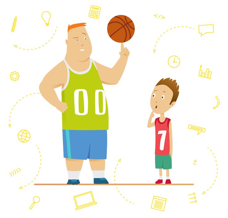 Vetor grandes e pequenos alunos em uma aula de educação física. conceito de programadores sênior e júnior. conceito de grandes e pequenos negócios. ilustração vetorial