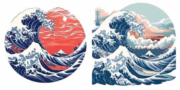 Vetor grandes ondas japonesas oceano furioso e ilustração vetorial de água do mar vintage