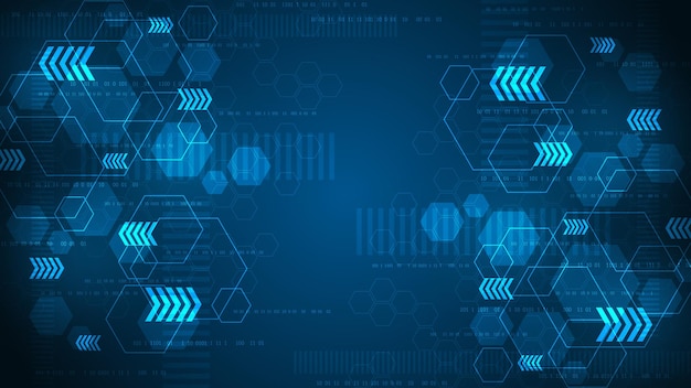 Grandes quantidades de dados computacionais digitalmente usando hexágonos como o elemento principal em um fundo azul profundo.