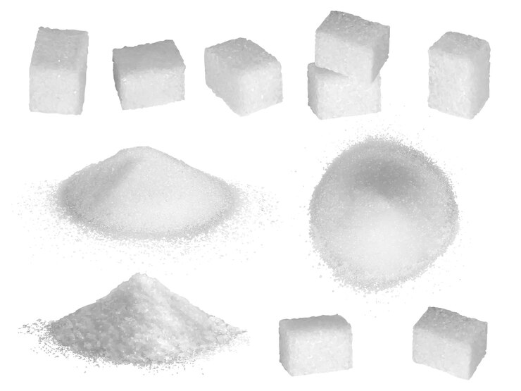 Vetor grãos de açúcar ingredientes de pastelaria para preparar produtos deliciosos açúcar em formas quadradas coleção realista de vetores decentes