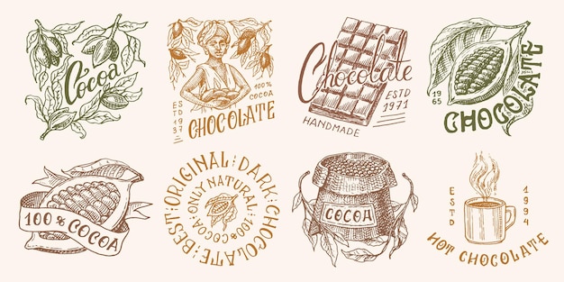 Grãos de cacau e mulher de chocolate e xícara de bebida emblema vintage ou logotipo definido para tipografia de camisetas