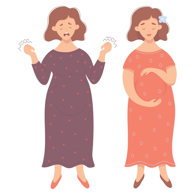 Gravidez Duas lindas mulheres grávidas com emoções diferentes, felizes e infelizes deprimidas