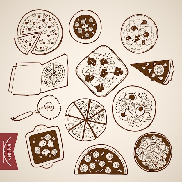 Gravura coleção de comida de pizzaria italiana vintage mão desenhada. Pizza Sketch a lápis, caixa de lanche