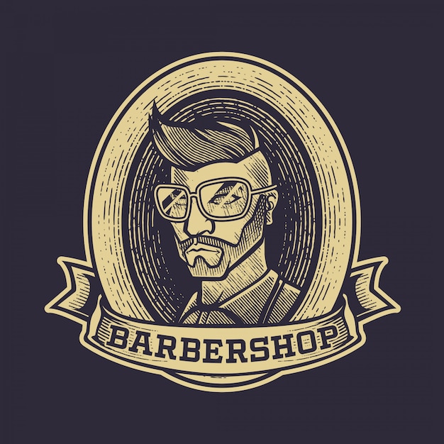 Gravura vintage barbearia logotipo, design de distintivo