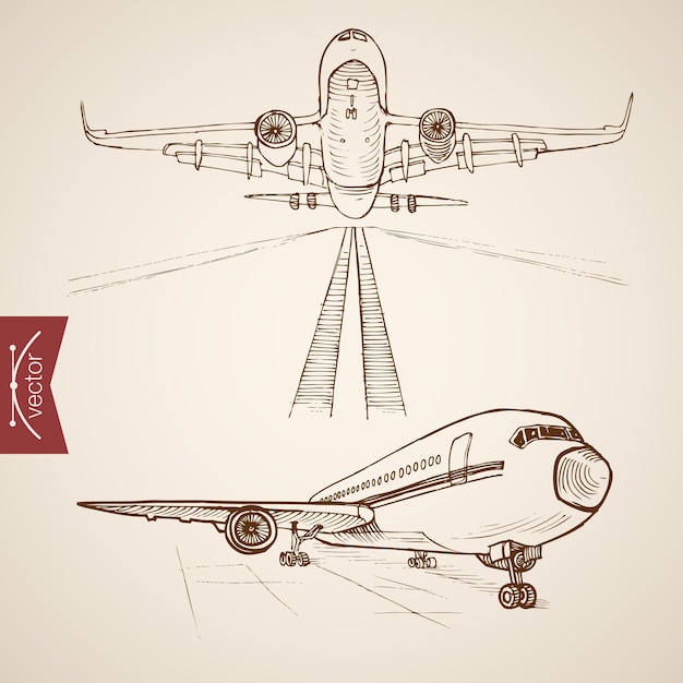 Gravura vintage mão desenhada coleção de transporte aéreo. transporte de avião a lápis