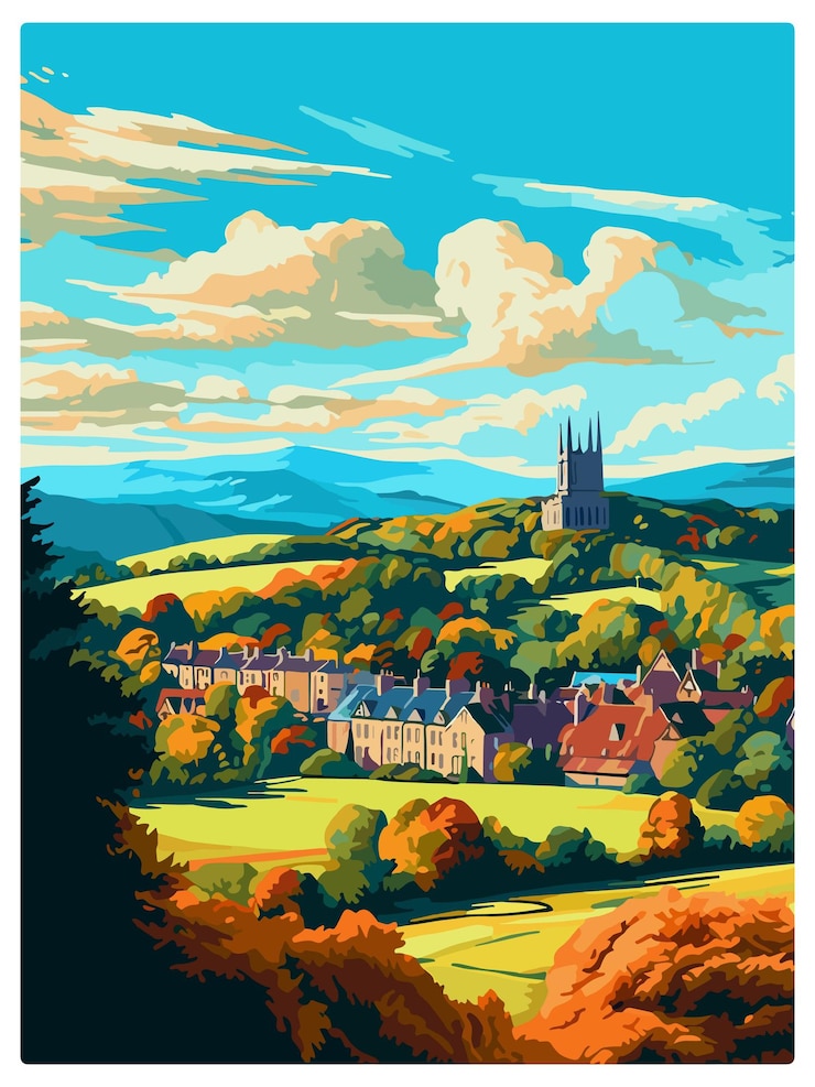 Vetor great malvern inglaterra reino unido poster de viagem vintage impressão de arte de parede cartão postal de lembrança ilustração wpa