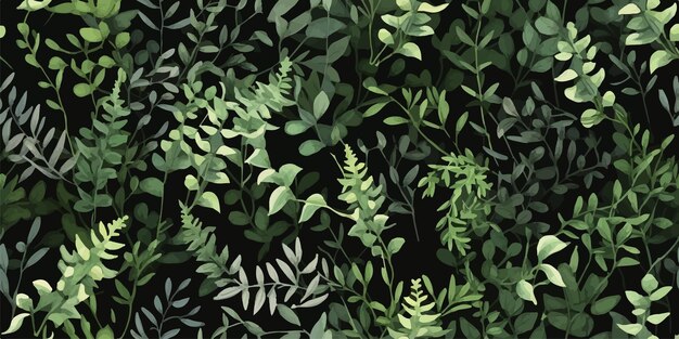 Vetor green floral seamless pattern with plants watercolor isolated illustration on dark background for wallpapers textile spring background or greenery print