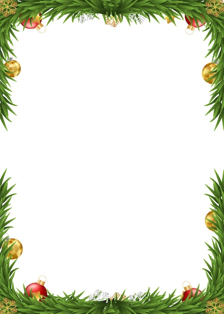 Vetor greenery christmas garland feliz natal moldura de borda com ramos de abeto, flocos de neve de prata dourada e bola 3d isolada no fundo branco vector design de decoração