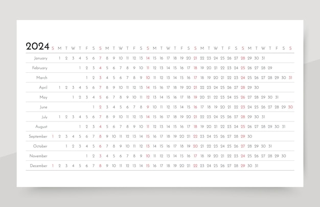 Vetor grelha de calendário linear de 2024 modelo de planejador horizontal calendário longo anual a semana começa no domingo