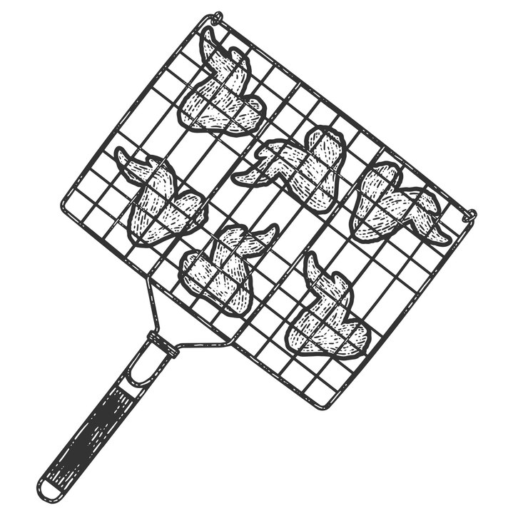 Vetor grelha de churrasco asas de frango frito esboço imitação de placa de rascunho