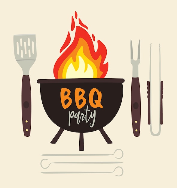 Grill barbecue vetor ilustração de objetos de churrasco com letras