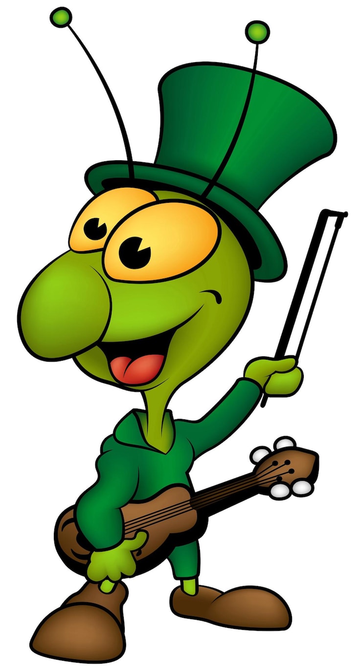 Vetor grilo sorridente verde com um violino