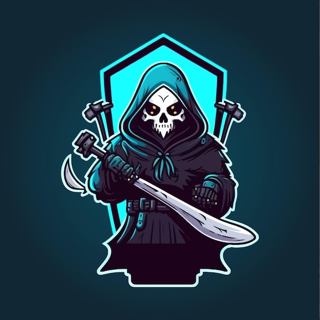 Grim Reaper com arma, design de mascote de esports, modelo de logotipo de jogos, ilustração