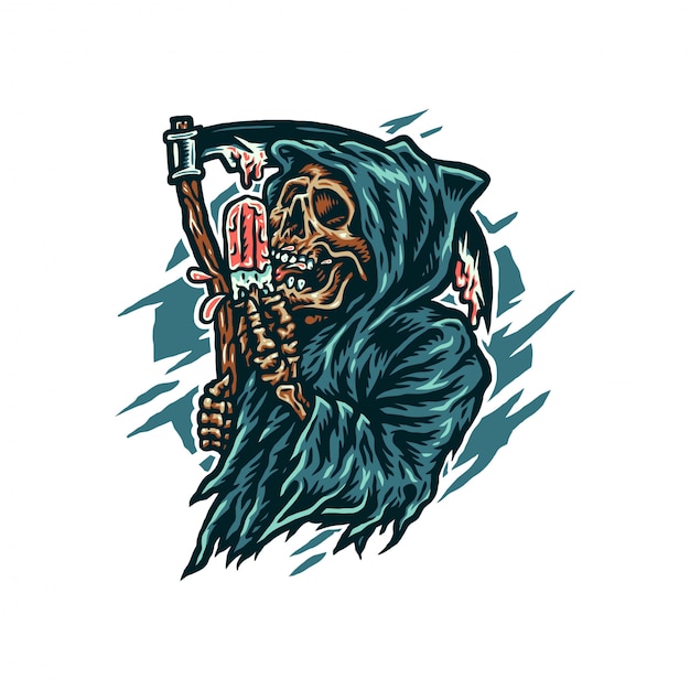 Grim reaper comendo sorvete, estilo de linha desenhada à mão com cor digital, ilustração