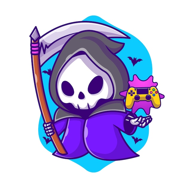 Grim reaper fofo jogo com ilustração dos desenhos animados de foice. conceito de ícone para jogos de halloween