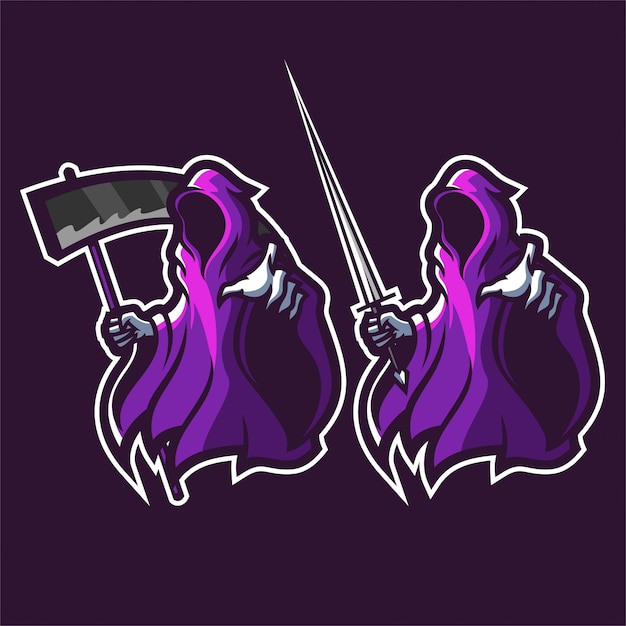 grim reaper segurando o modelo de logotipo de mascote de jogos de foice / espada esport