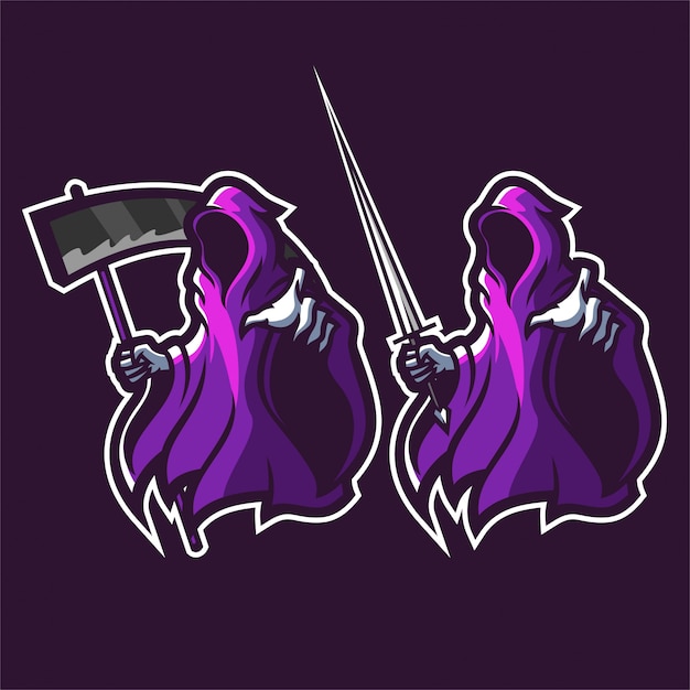 Grim reaper segurando o modelo de logotipo de mascote de jogos de foice / espada esport