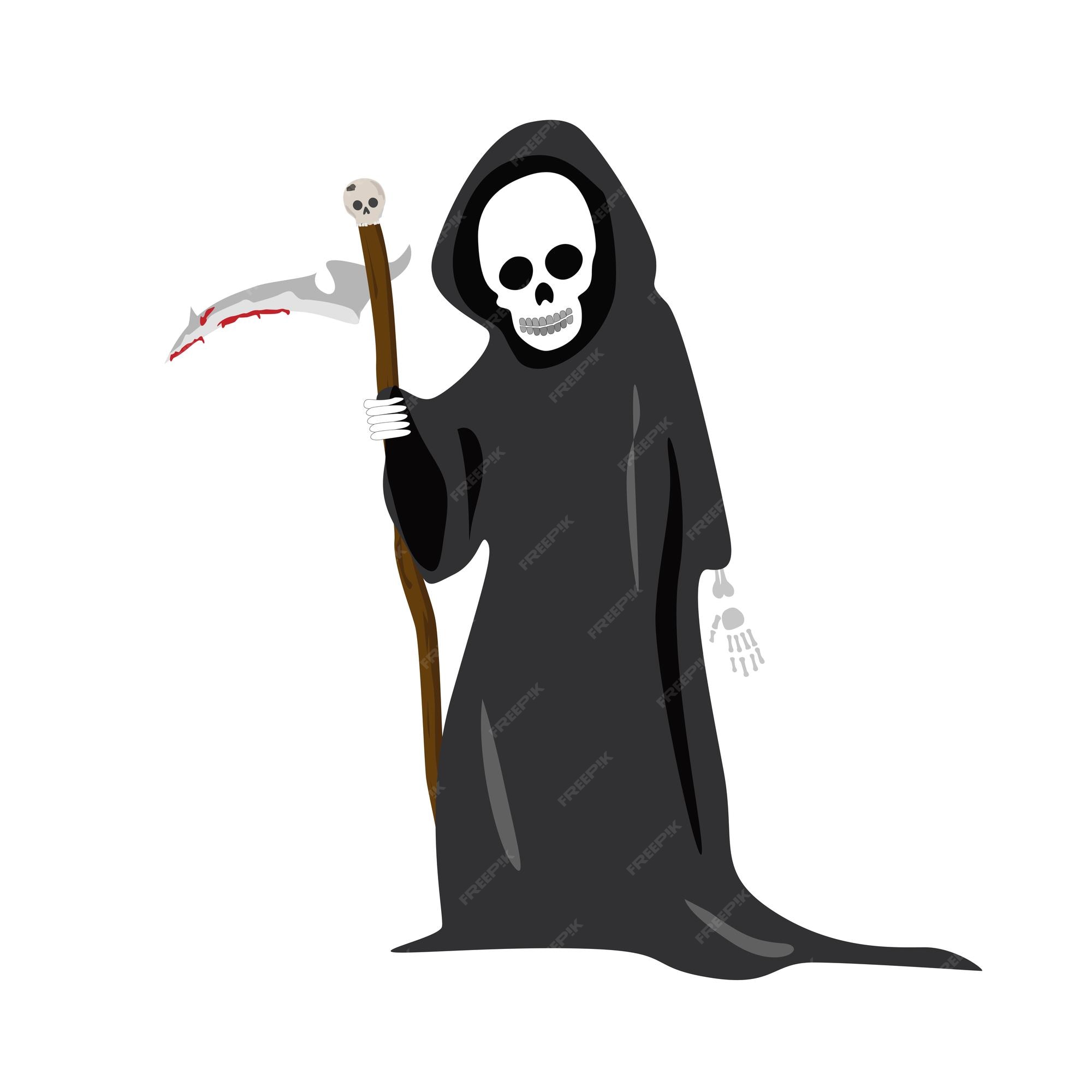 Grim reaper fofo jogo com ilustração dos desenhos animados de foice.  conceito de ícone para jogos de halloween