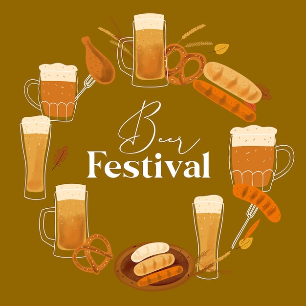 Grinalda com canecas de ilustração estilizada de lanche de pretzel de cerveja e salsicha grelhada em fundo marrom